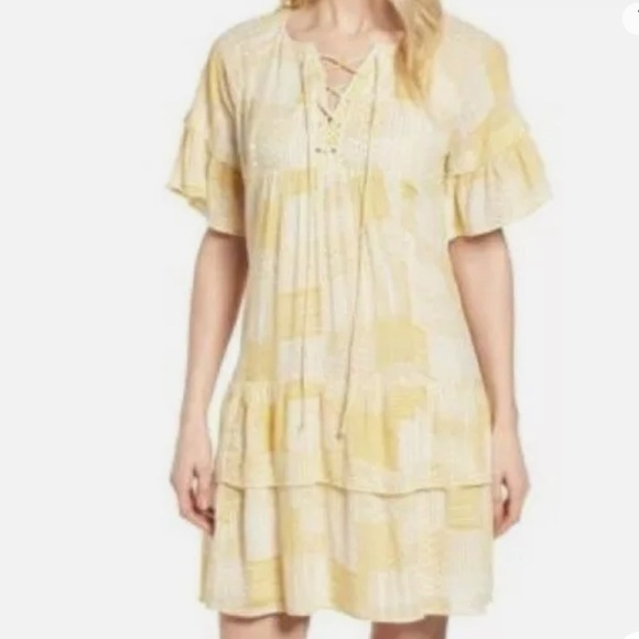 Caslon Dresses & Skirts - Caslon Womens Yellow White Patchwork Print Ruffle Minidress size X-Large